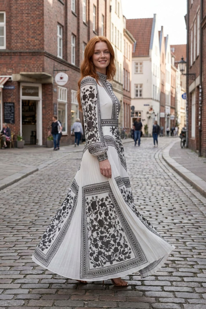 Maxikleid Damen Langarm mit Muster und Stehkragen