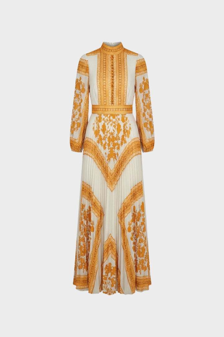 Maxikleid Damen Langarm mit Muster und Stehkragen