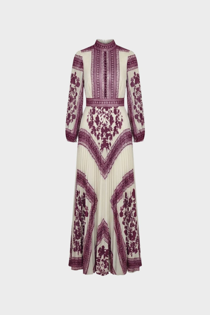 Maxikleid Damen Langarm mit Muster und Stehkragen