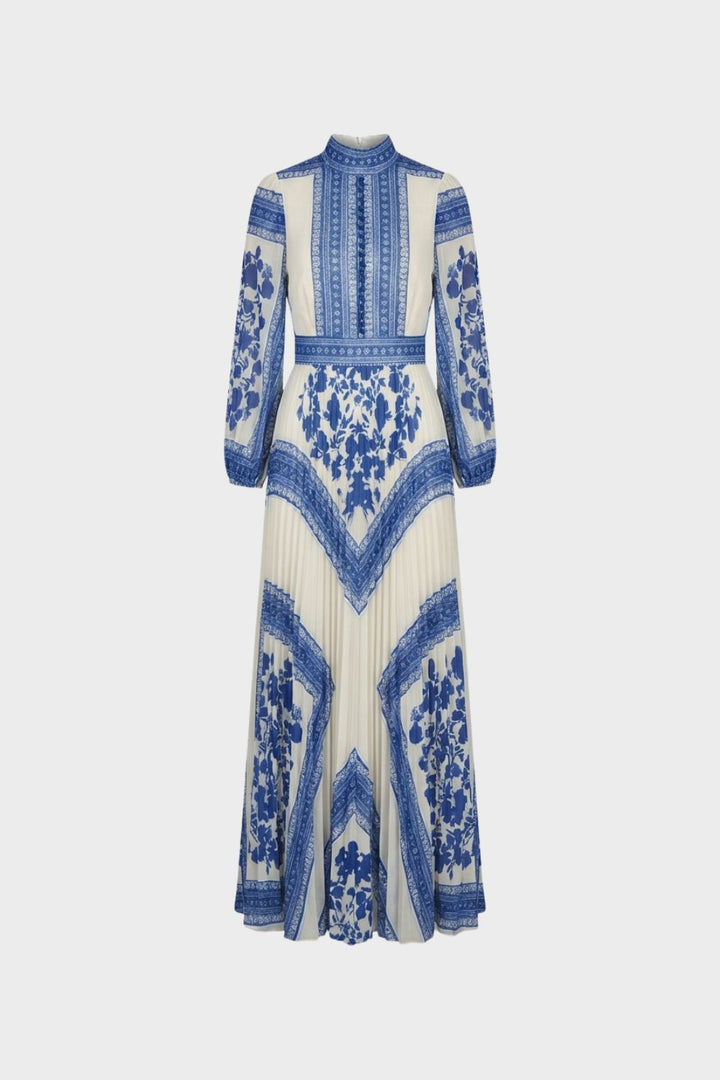 Maxikleid Damen Langarm mit Muster und Stehkragen