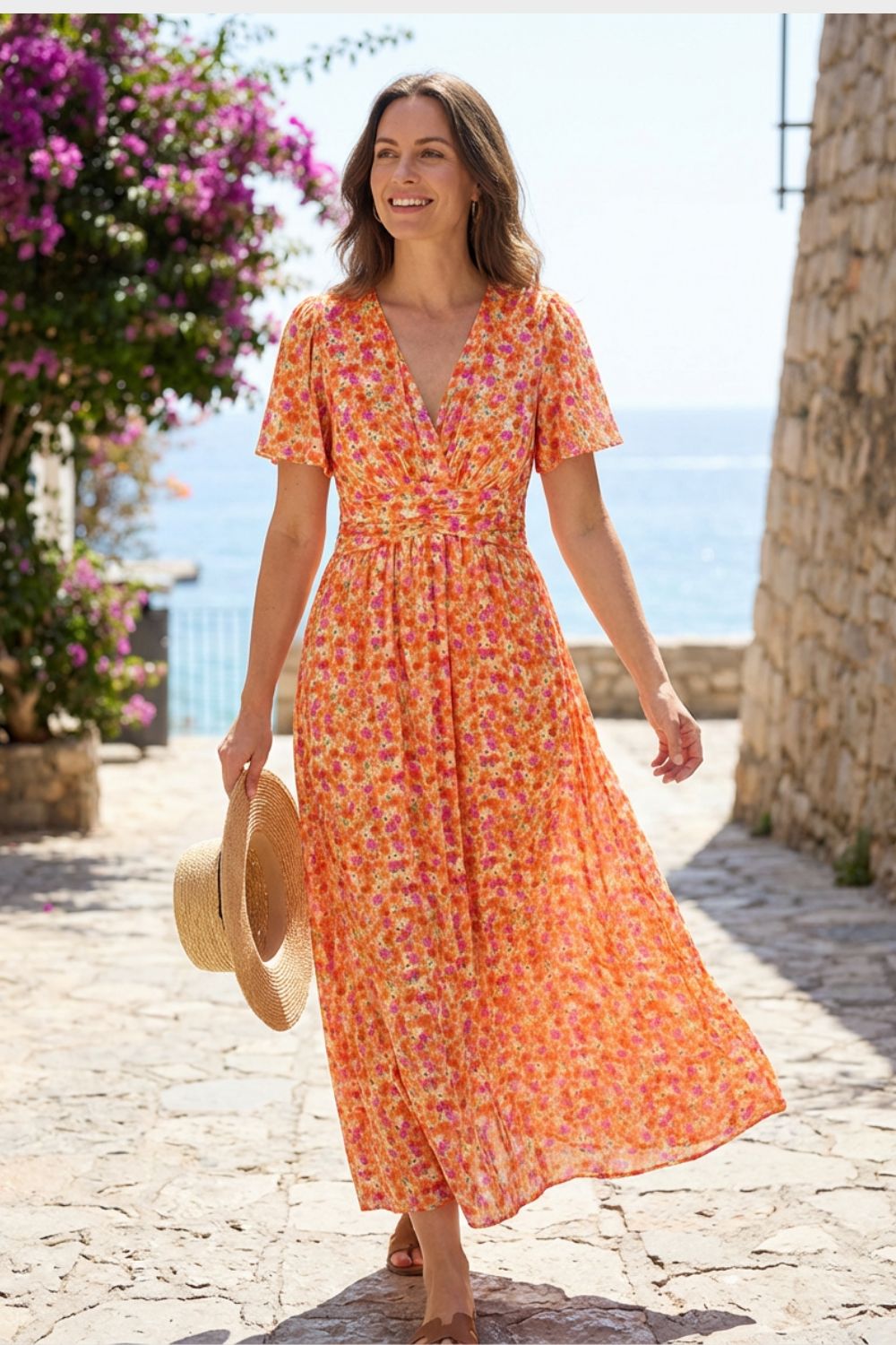 Maxikleid Damen mit V Ausschnitt und Blumenmuster