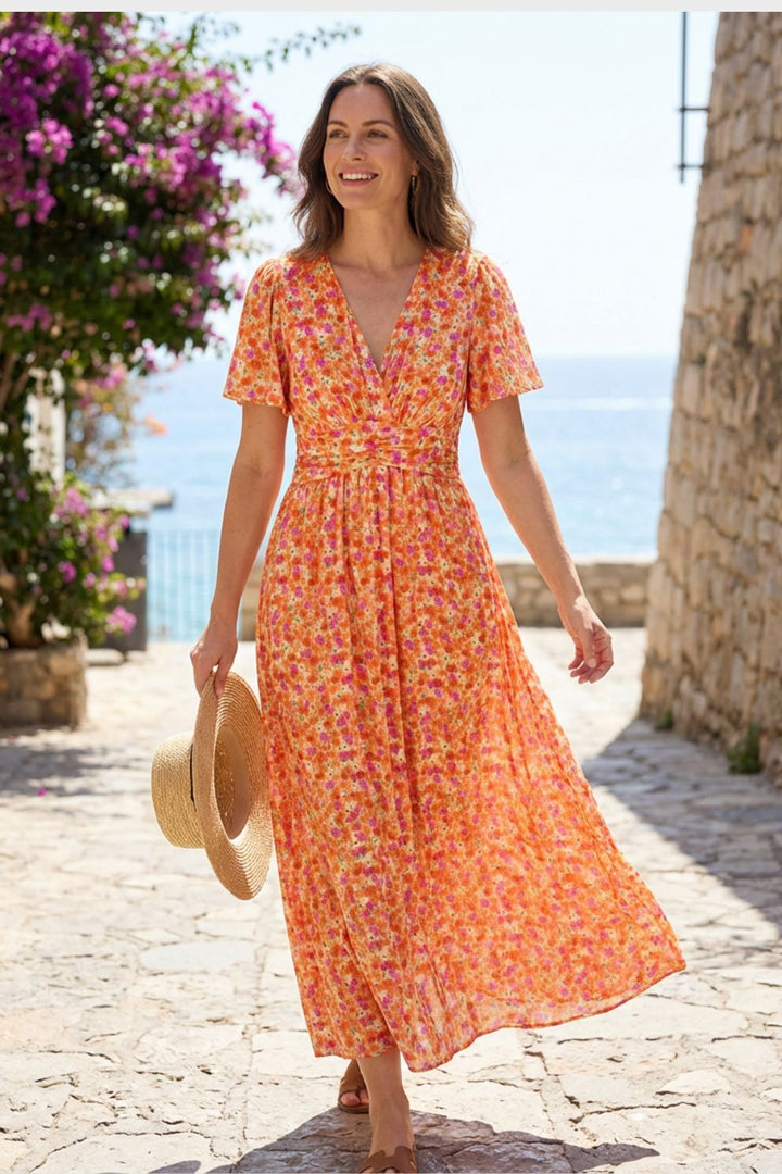 Maxikleid Damen mit V Ausschnitt und Blumenmuster