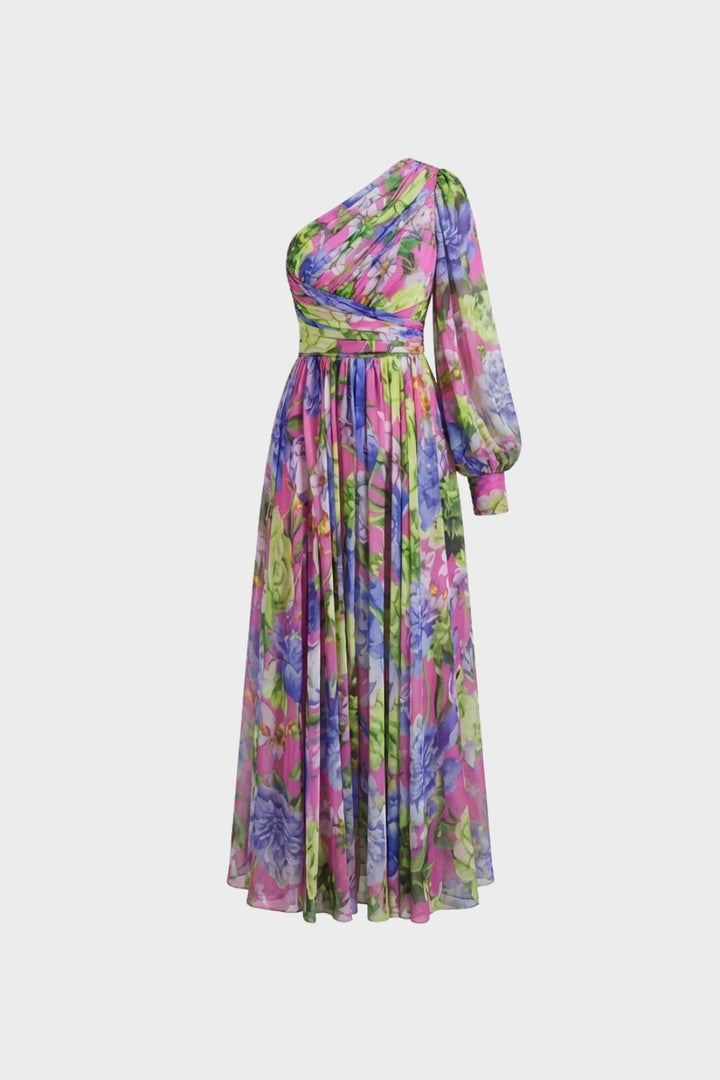 Maxikleid Damen One-Shoulder mit Blumenmuster