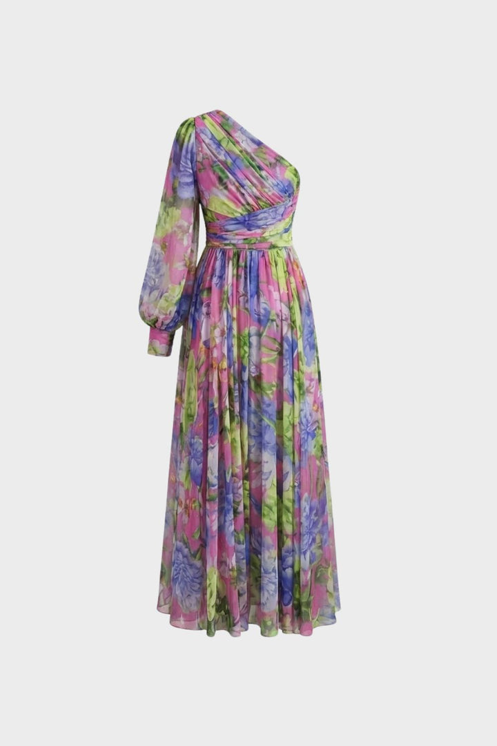 Maxikleid Damen One-Shoulder mit Blumenmuster