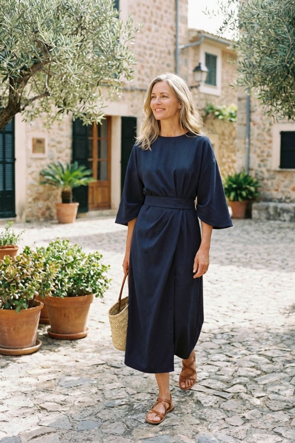 Midikleid Damen mit Gürtel und weiten Ärmeln