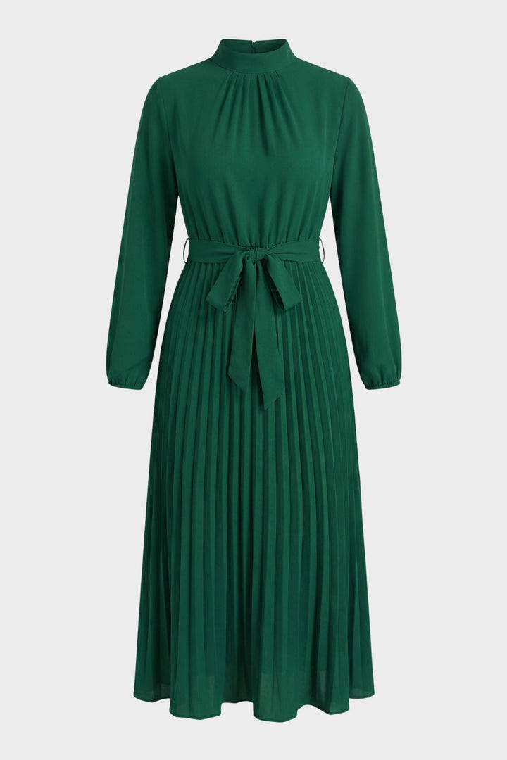 Midikleid Damen Plissee mit Langarm und Gürtel