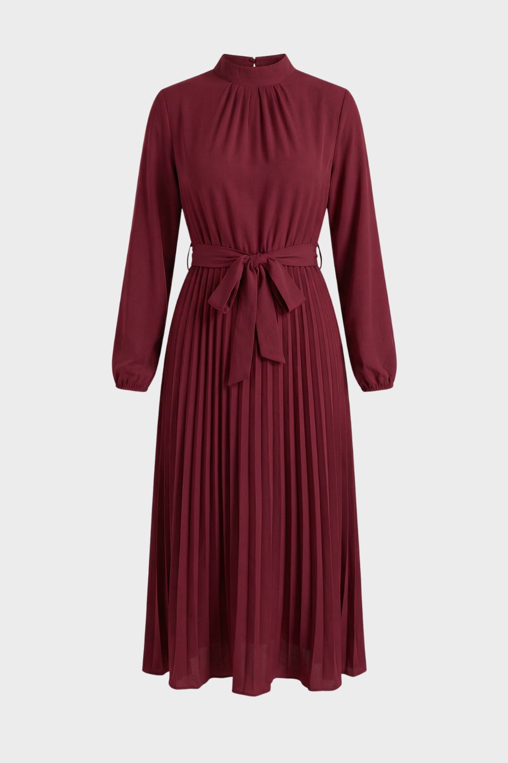 Midikleid Damen Plissee mit Langarm und Gürtel