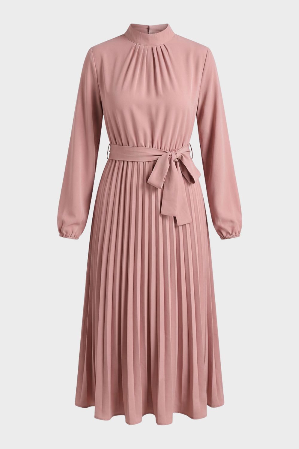 Midikleid Damen Plissee mit Langarm und Gürtel