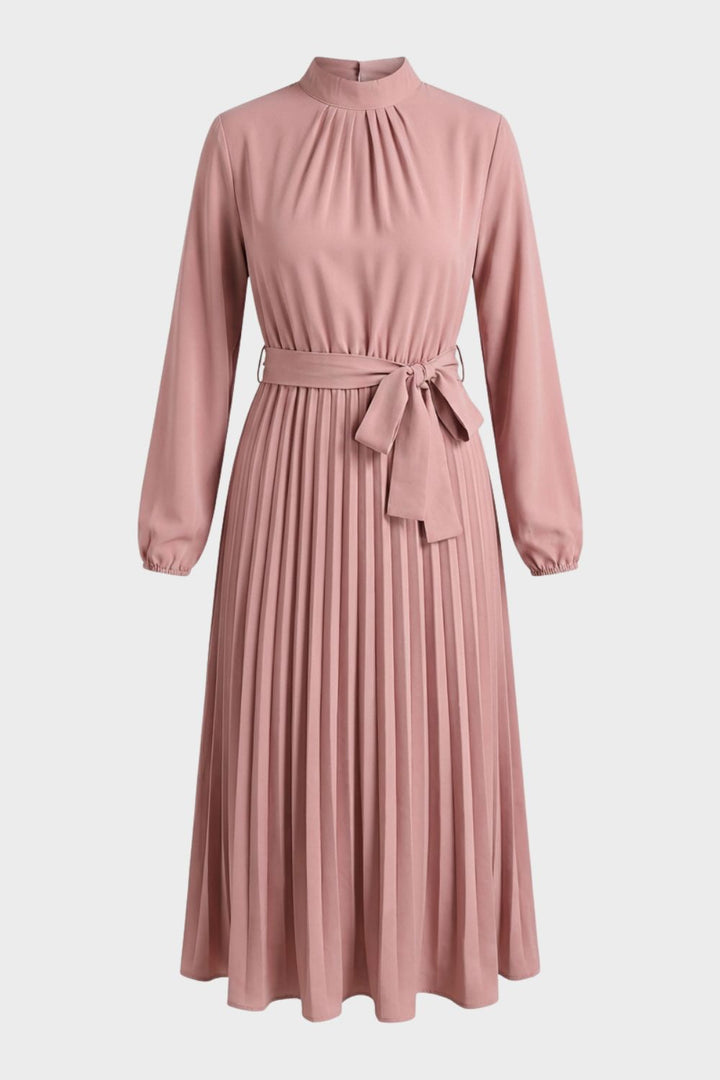 Midikleid Damen Plissee mit Langarm und Gürtel