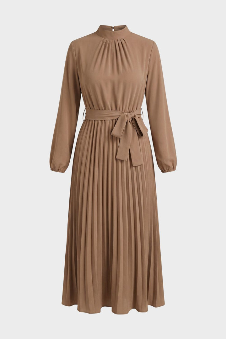 Midikleid Damen Plissee mit Langarm und Gürtel