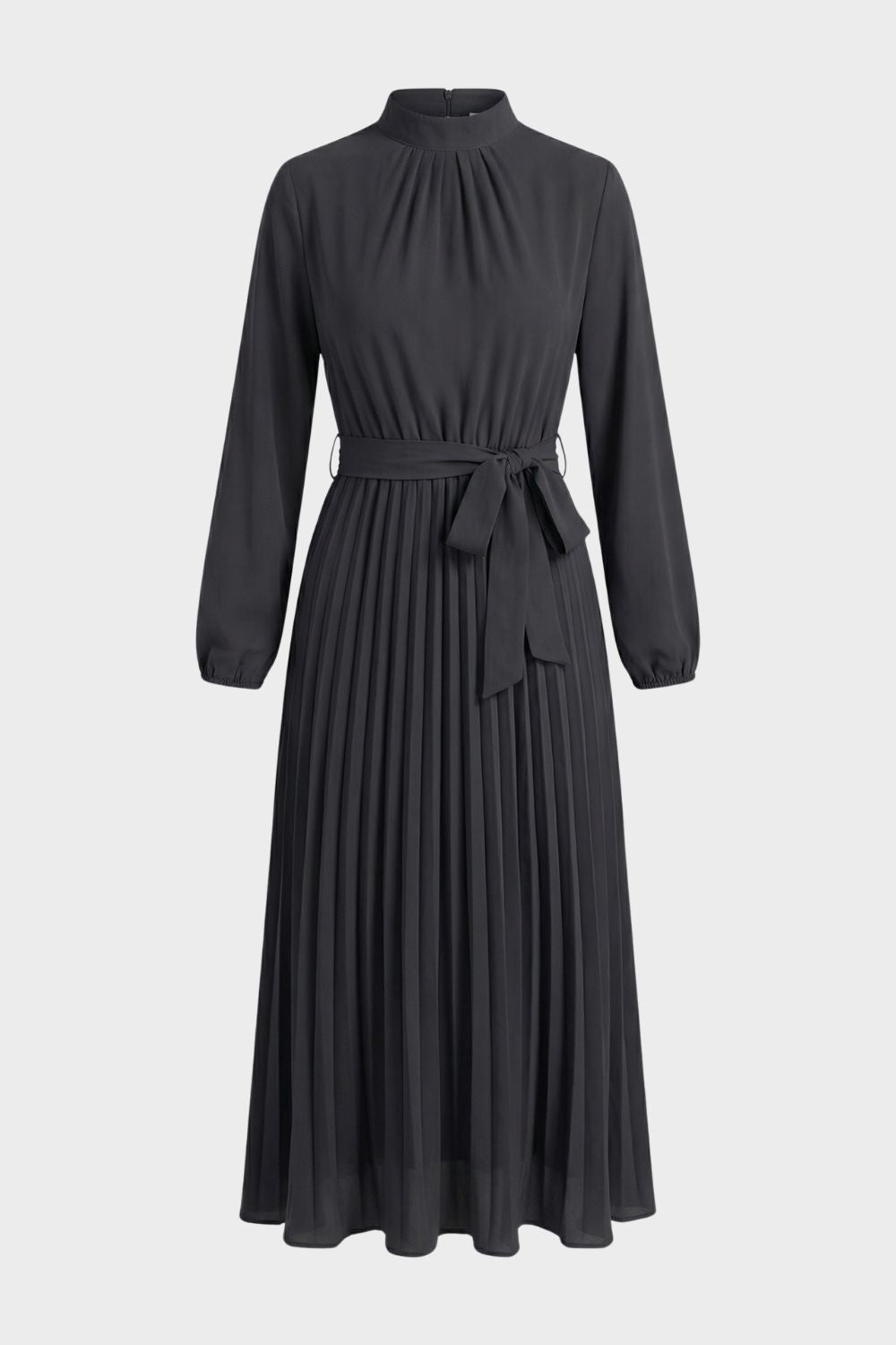Midikleid Damen Plissee mit Langarm und Gürtel