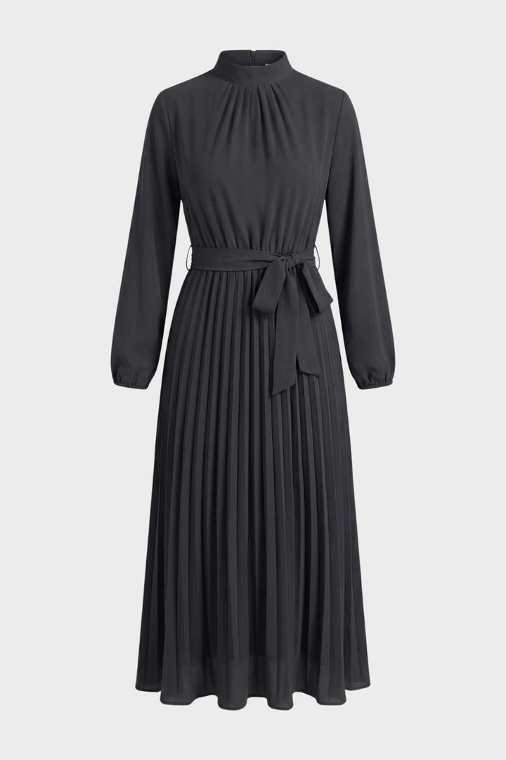 Midikleid Damen Plissee mit Langarm und Gürtel
