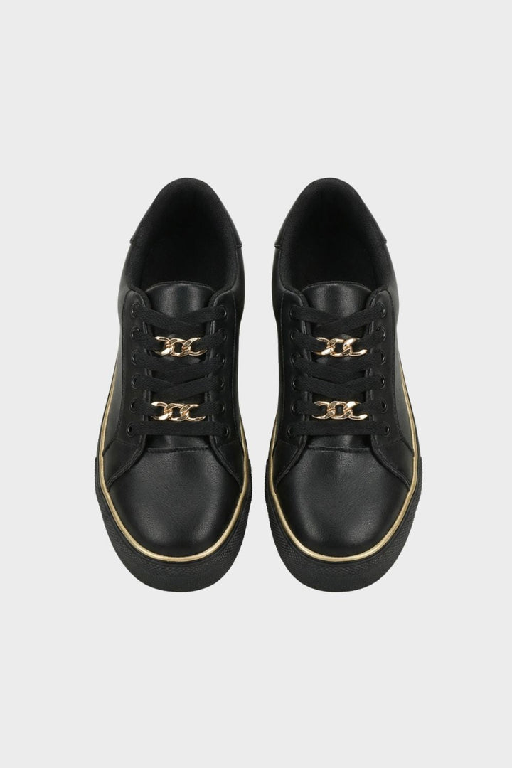 Sneaker Damen Schwarz mit Goldkette und Plateausohle