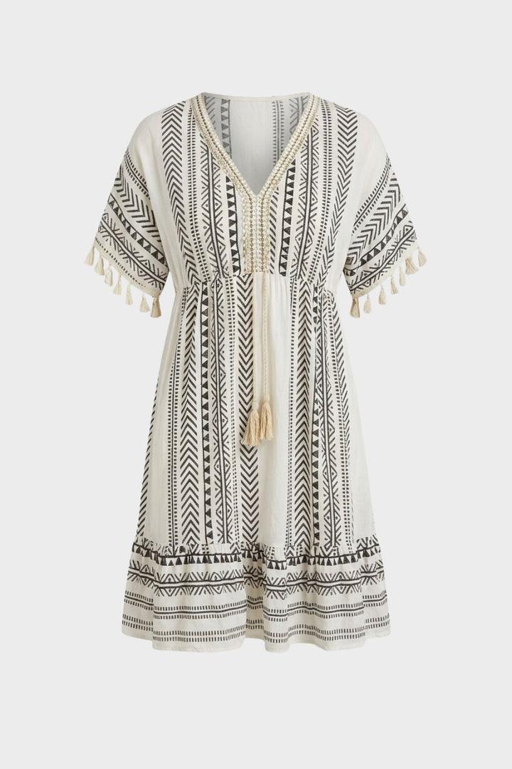 Sommerkleid Damen V Ausschnitt mit Muster und Quasten