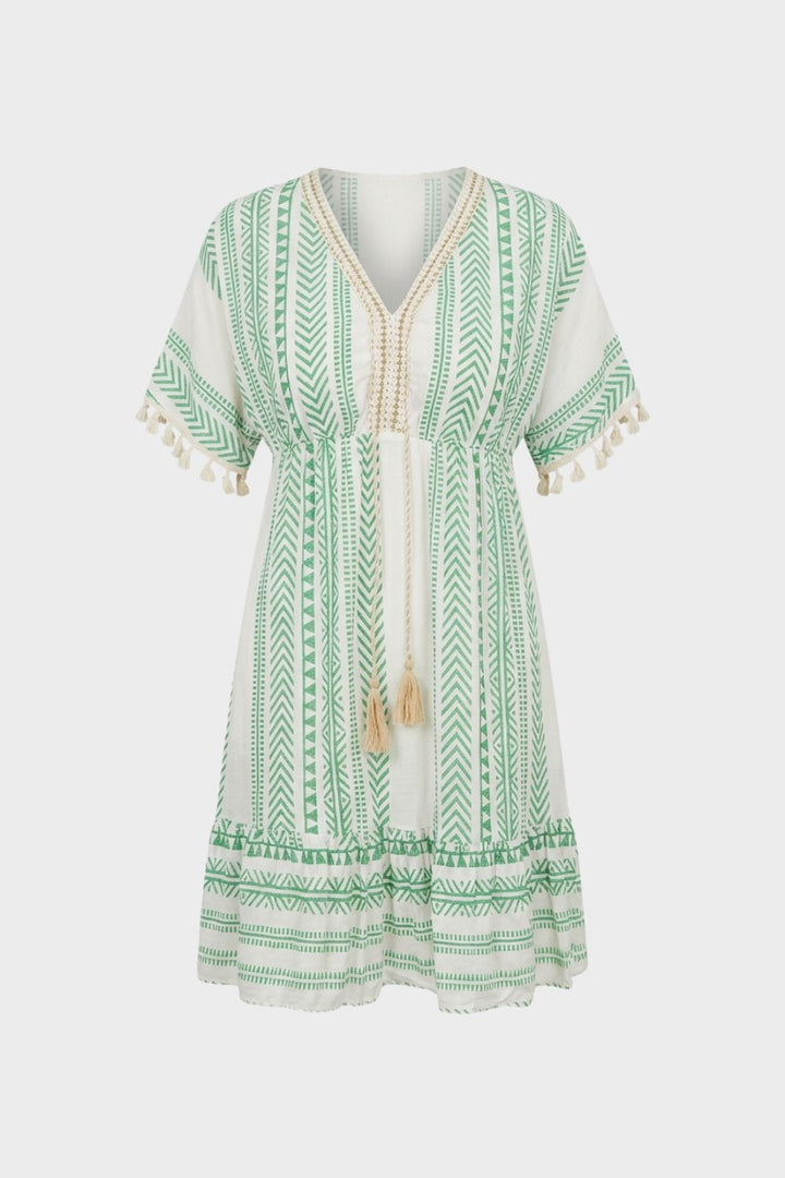 Sommerkleid Damen V Ausschnitt mit Muster und Quasten