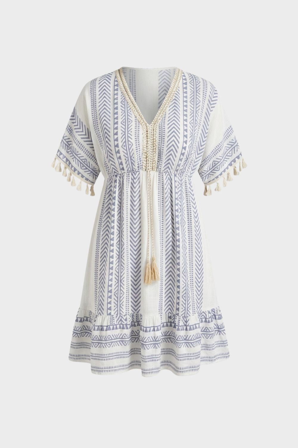 Sommerkleid Damen V Ausschnitt mit Muster und Quasten