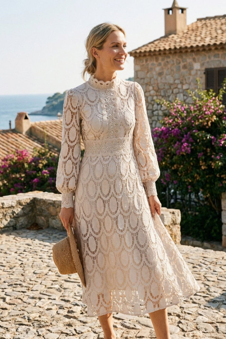 Spitzenkleid Damen mit Stehkragen und Langarm