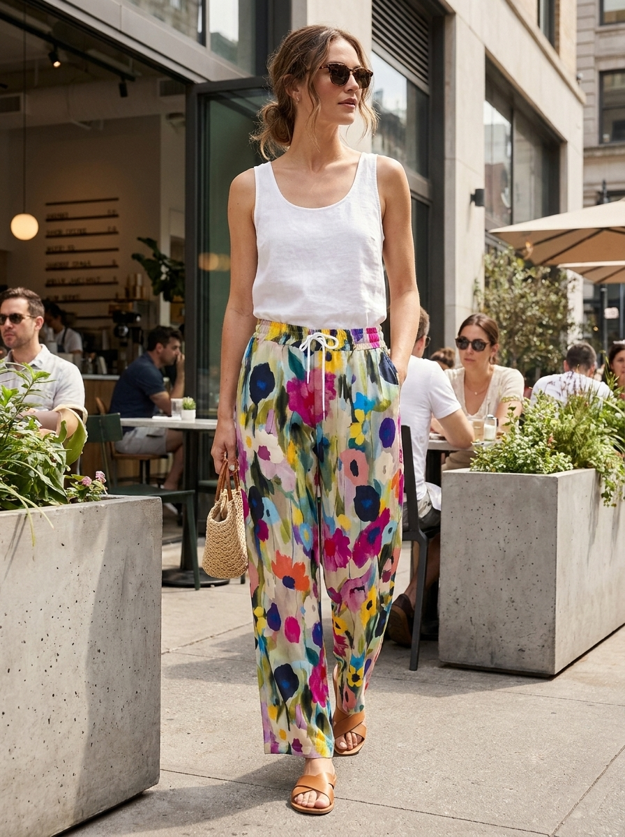 Stoffhose Damen mit Blumenmuster Weites Bein